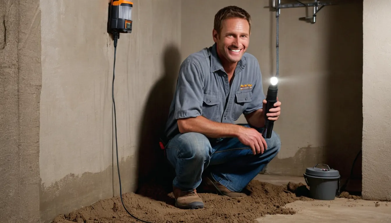 Friendly home inspector pointing out a small mud tube on a basement foundation wall to a homeowner in the Lone Tree area